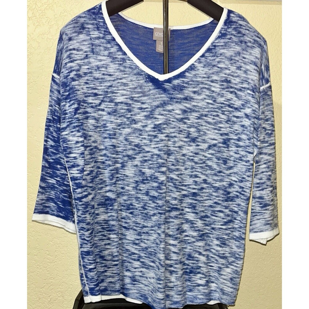 Chicos Top Womens Size 1 Blue White Space Dye Casual Lightweight US Medium 8